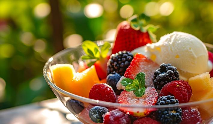 Fotografia de um recipiente de vidro fundo com uma salada de frutas e sorvete de creme. O recipiente está sobre uma mesa de madeira com árvores no fundo.