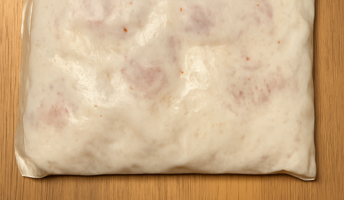 Fotografia de um saco plástico com uma marinada de frango com iogurte ao centro.