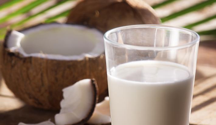 Fotografia de um copo de vidro com refresco de coco, ao lado de duas unidades da fruta, uma aberta e a outra inteira. Também ao lado, pedaços do coco sobre uma mesa de madeira, e ao fundo, folhas de árvore fazendo sombra na mesa.