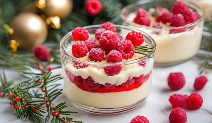 Fotografia de um recipiente de vidro com creme branco com camada de gelatina de framboesa e framboesas por cima. No fundo tem um recipiente de vidro com a mesma sobremesa, sobre uma mesa branca com algumas framboesas distribuídas.