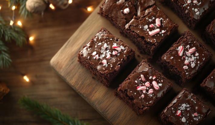 Fotografia vista de cima de vários quadrados de brownie com confeitos de natal, sobre uma tábua de madeira que está apoiada em uma mesa de madeira que tem luzes de natal.