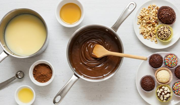 Fotografia vista de cima de duas panelas, uma com brigadeiro e a outra com leite moça, ao lado tem recipientes com manteiga e chocolate em pó. Também tem dois pratos brancos rasos com vários brigadeiros confeitados em forminhas.