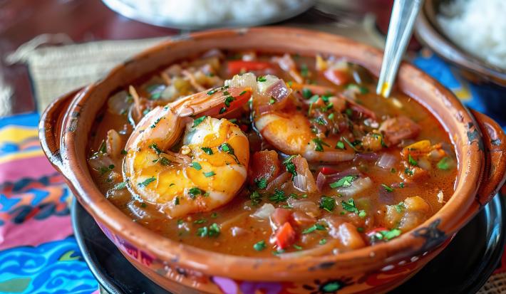 Foto aproximada de uma panela de barro com a receita de moqueca de camarão dentro, bem avermelhada no molho, com camarões à vista, coentro picado e uma concha dentro