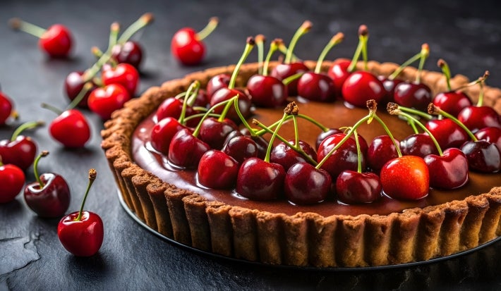 Fotografia em tons escuros de uma torta de chocolate e amarenas sobre uma mesa preta. Ao redor tem cerejas inteiras e também sobre a torta.
