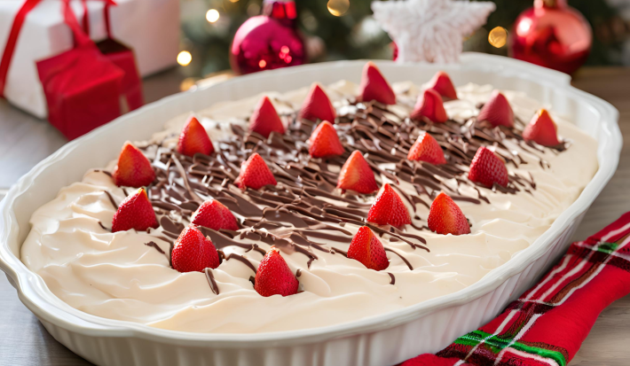 Receita de um doce cremoso com morangos picados, coberto com chocolate por cima, servido em uma travessa sobre uma mesa decorada para o natal