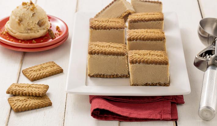 Fotografia de sete minisanduíches de sorvete de tostines sobre um prato retangular branco. Ao lado tem dois minis pratinhos vermelhos com uma bola de sorvete de tostines. Próximo ao prato tem três biscoitos tostines.