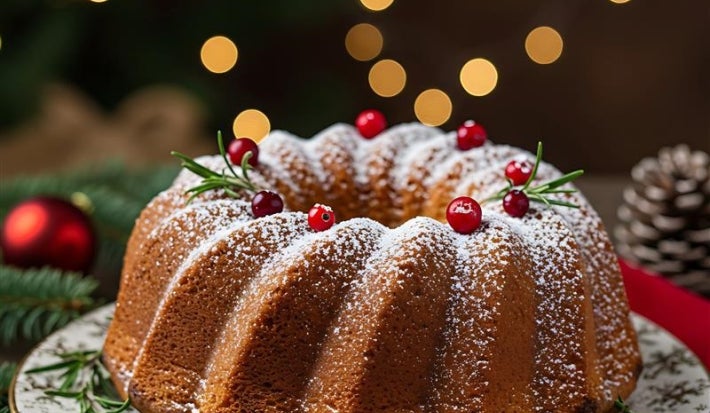 Fotografia de um bolo de Natal em um prato decorativo, com cobertura de açúcar em pó e enfeites de alecrim e cranberries. Ao fundo, uma árvore de Natal com luzes e enfeites vermelhos, criando uma atmosfera festiva.