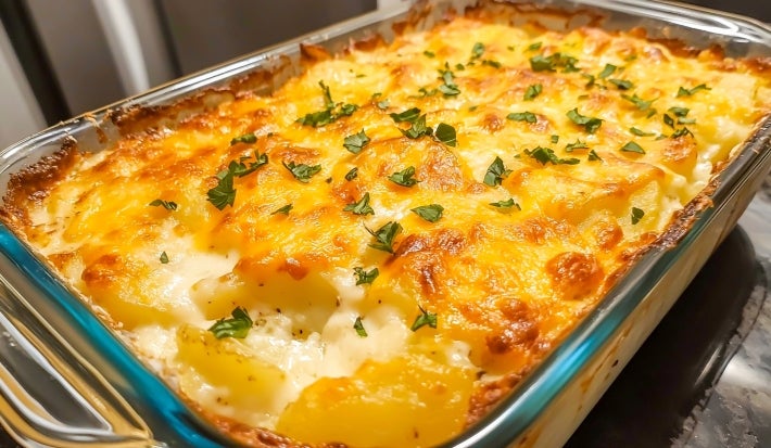 Em cima de uma mesa, refratário com batatas com queijo gratinado, decorado com cheiro-verde picado.