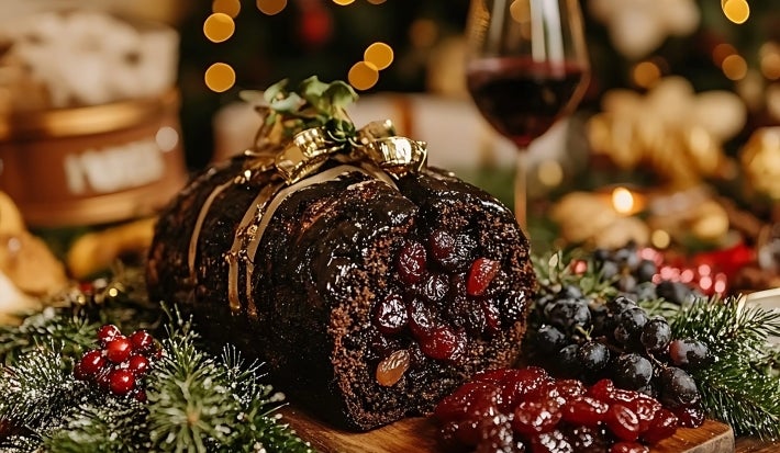 Fotografia de um bolo de chocolate com frutas secas fofinho, decorado com uma fita dourada, cercado por ramos de pinheiro e frutas vermelhas.