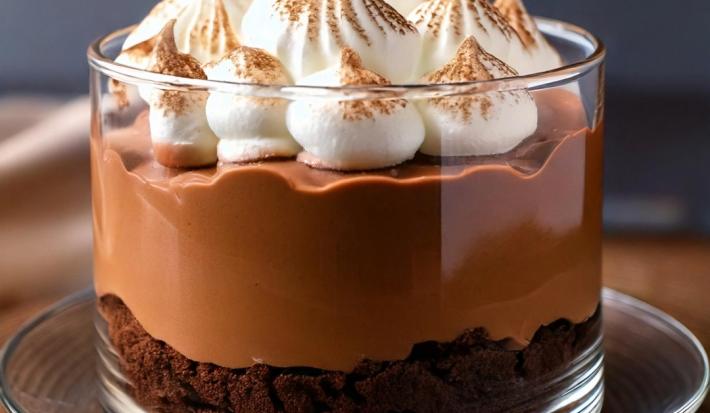 Fotografia de um copo de vidro médio decorativo com pavê de chocolate e cobertura de merengue.