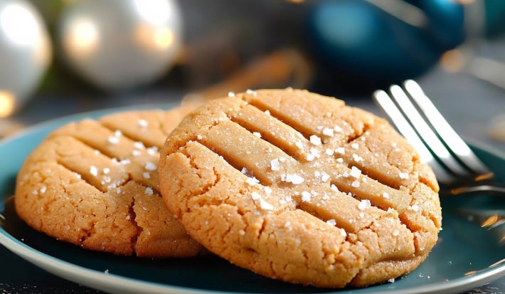 Em cima de uma mesa, prato redondo com dois biscoitos redondos e crocantes.