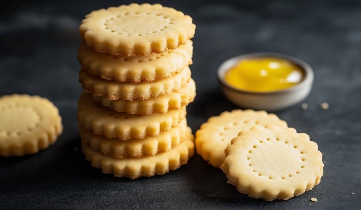 Em cima de uma mesa, biscoitos dourados e redondos com furos no meio.