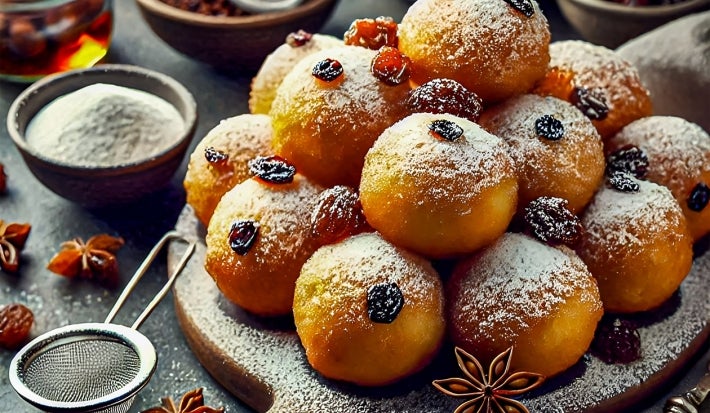 Em cima de uma mesa, tábua com bolinhos redondos dourados, decorado com açúcar de confeiteiro e uvas-passas.
