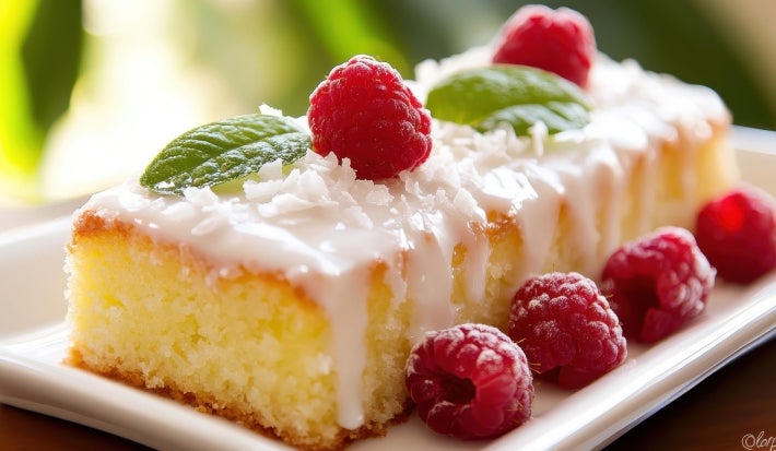 Fotografia de um bolo fofinho, coberto com glacê branco e flocos de coco, decorado com framboesas frescas e folhas de hortelã, apresentado em um prato branco.