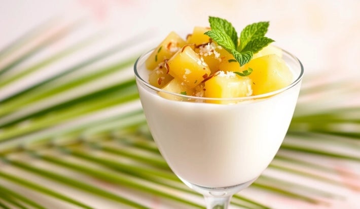 Fotografia em tons claros de uma taça de vidro com o creme de abacaxi e cubos de abacaxi mais caramelizados com folhas de hortelã por cima.