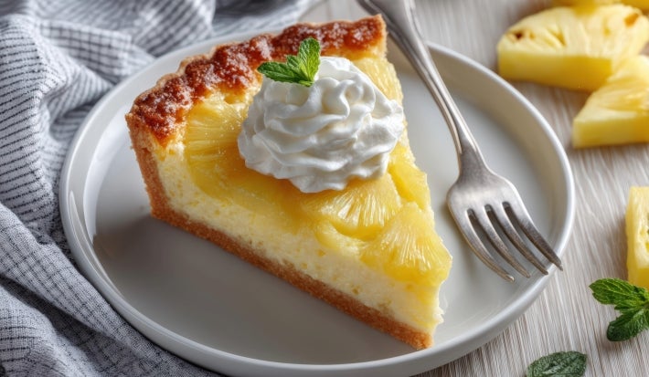 Fotografia de uma fatia grande uma torta de abacaxi com um pouco de chantilly por cima e uma folha de hortelã, sobre um prato médio raso e branco. O prato está sobre uma mesa de madeira branca.