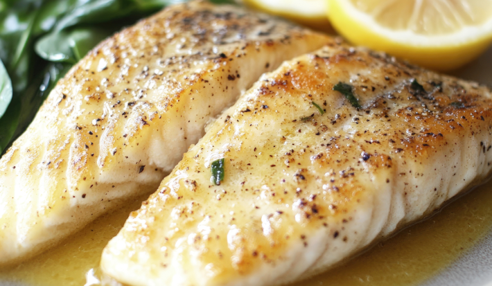 sobre um prato claro estão duas postas de peixe grelhado, levemente douradas e untadas com azeite e pimenta do reino. Ao lado, folhas frescas de espinafre bem verde e gomos de limão siciliano amarelos acompanham.