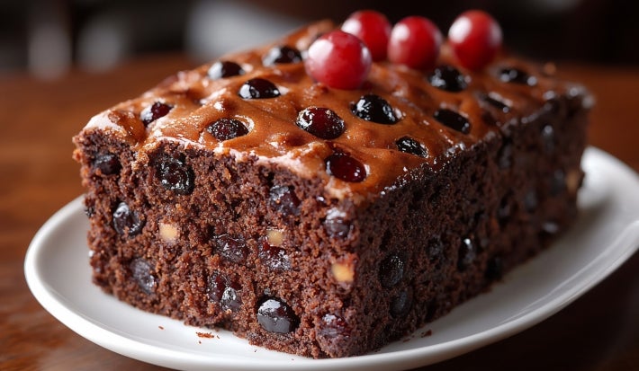 Fotografia de fatia de um bolo de chocolate com frutas, apresentando uma textura densa e escura, decorado com cerejas brilhantes e um brilho no topo, em um prato branco.