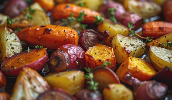 Fotografia de vários legumes em pedaços assados e temperados juntos.