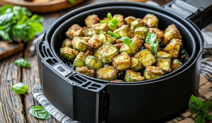 Fotografia de uma receita de quiabo crocante dentro da cesta da air fryer, a qual está sobre um pano branco com detalhes escuros, apoiado em uma mesa de madeira.
