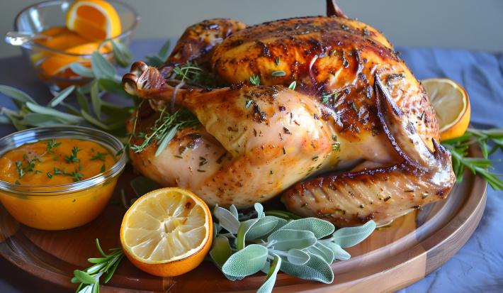 Fotografia de um frango inteiro assado com mel e laranja sobre uma tábua de madeira redonda. Por cima da tábua tem alguns ramos de tomilho, laranjas na metade e um molho laranja dentro de um recipiente de vidro pequeno.