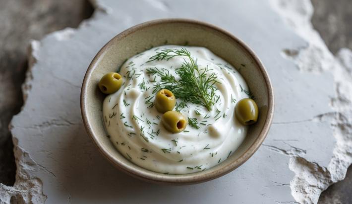 Imagem de um bowl rústico com coalhada decorado com azeitonas verdes e dill.