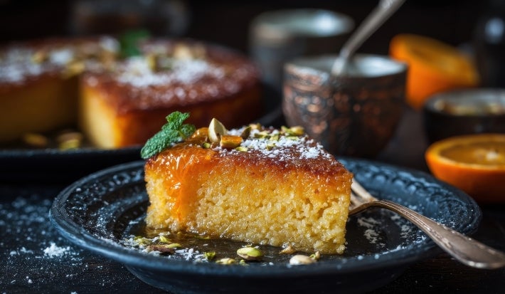 Fotografia de uma fatia de bolo laranja em um prato escuro, com calda brilhante e guarnições de açúcar de confeiteiro, pistaches e hortelã, destacando a textura e a cor quente.