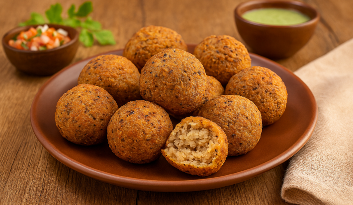 Receita de Bolinho de Piacuí Paraense servido em um prato marrom, em pequenas bolinhas, com um molho ao fundo e uma vinagrete