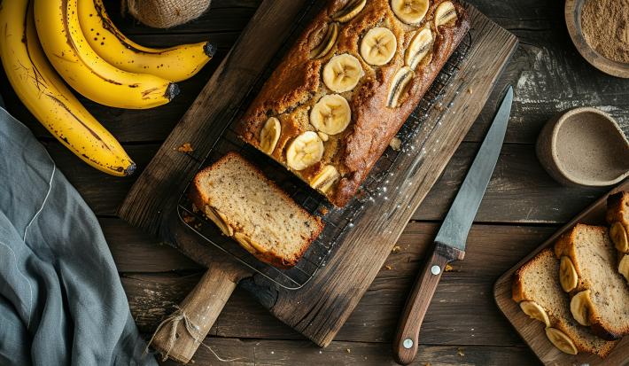 Fotografia vista de cima de um bolo de banana assado em forma retangular pequena. O bolo está apoiado em uma grade e sobre uma tábua de madeira escura. Ao redor tem algumas bananas com casca, fatias do bolo já cortado e uma faca.