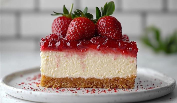 Fotografia de um pedaço de cheesecake com calda de morango sobre um prato branco e raso, o qual está apoiado em uma mesa branca.