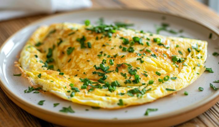Fotografia de uma omelete rápida sobre um prato de vidro raso, e por cima da omelete tem cebolinha picada salpicada. O prato está sobre uma mesa de madeira.