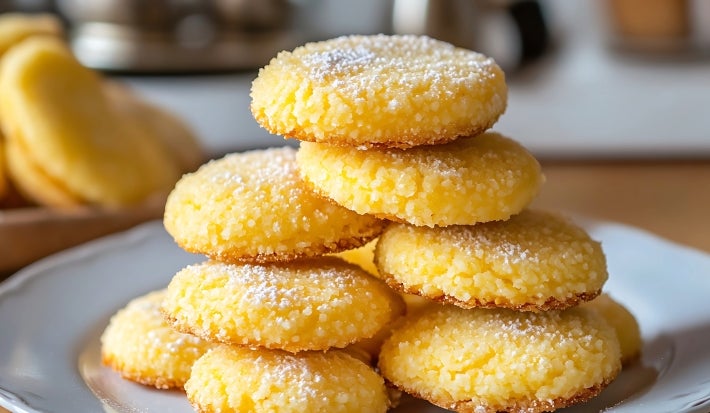 Em cima de uma mesa, prato redondo com biscoitos redondos suculentos, decorados com açúcar de confeiteiro.