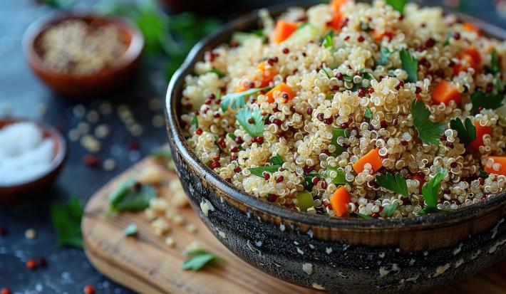 Imagem de um bowl rústico com salada de quinoa, cenoura e salsinha.