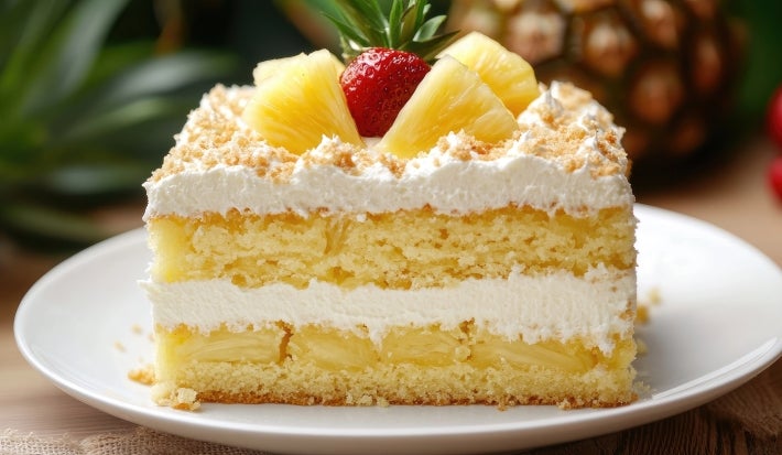 Fotografia de uma fatia de torta de abacaxi feita com massa de bolo, decorada com cubos de abacaxi em um prato pequeno branco e raso de vidro.