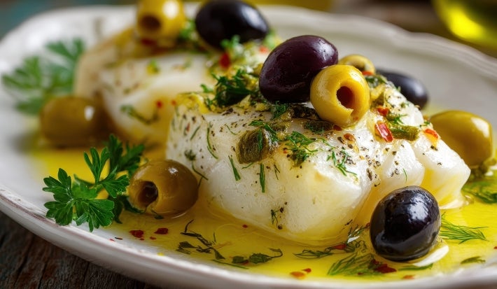 Em cima de uma mesa, prato com pedaço de bacalhau, azeitonas pretas e verdes e azeite, decorado com ervas.