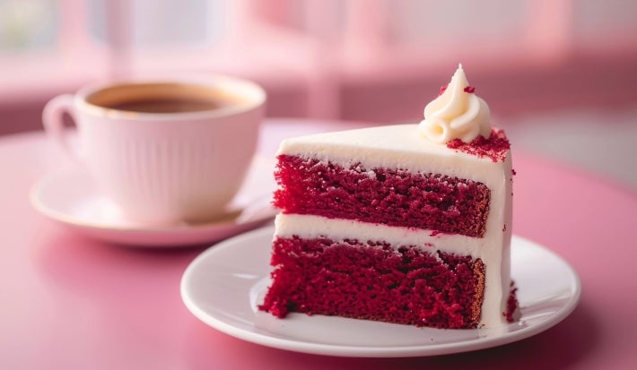 Fotografia de uma fatia de bolo veludo vermelho em um prato branco, coberta com creme branco e decorada com migalhas vermelhas, acompanhada de uma xícara de café.