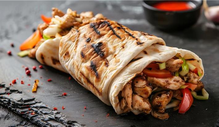 Fotografia uma unidade de shawarma de frango sobre uma mesa preta. Ao fundo tem um recipiente preto pequeno com molho vermelho.