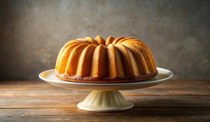 Fotografia de um bolo bundt perfeitamente assado em um suporte cerâmico branco. O bolo apresenta uma superfície lisa, fofinha e brilhante, com um fundo neutro que destaca sua cor e textura.