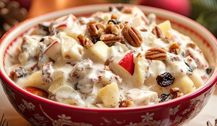 Fotografia de uma salada natalina com nozes em uma tigela vermelha decorada, destacando frutas, uvas-passas e nozes pecans envoltos em um molho cremoso.
