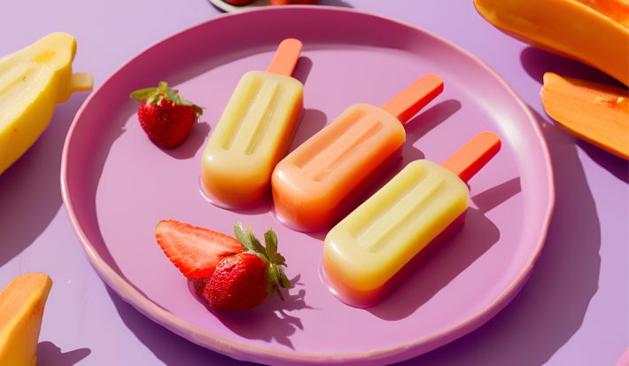 Fotografia em tons de roxo com três picoles de fruta ao centro, dois de cor amarela e um laranja. Ao fundo existe pedaços de morango e mamão.