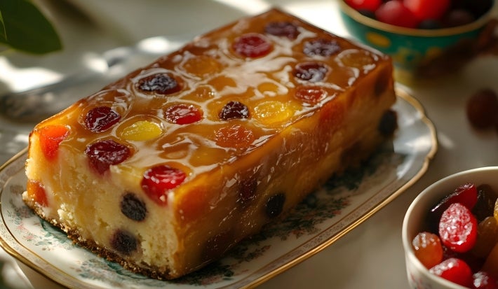 Fotografia de um bolo de frutas retangular, com cobertura caramelizada e decorado com frutas cristalizadas coloridas, apresentado em um prato oval de porcelana com detalhes florais.