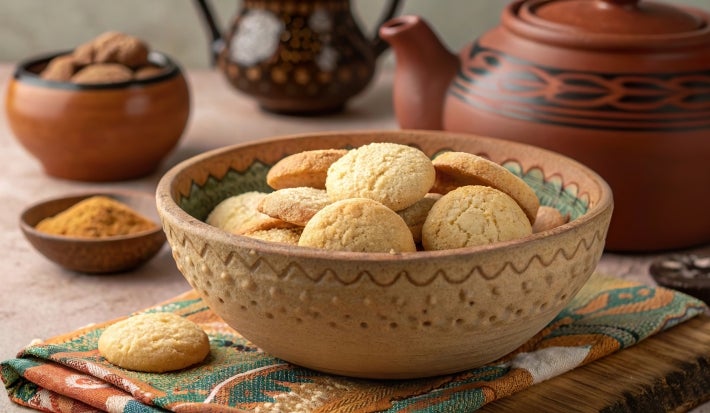 Em cima de uma mesa, tigela redonda com biscoitos redondos suculentos.