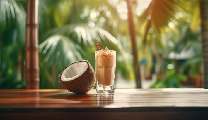 Fotografia de um copo de vidro com uma bebida de coco com Cereal NESTON 3 Cereais ao lado de uma metade de coco. O copo está sobre uma mesa de madeira, e ao fundo tem algumas árvores.