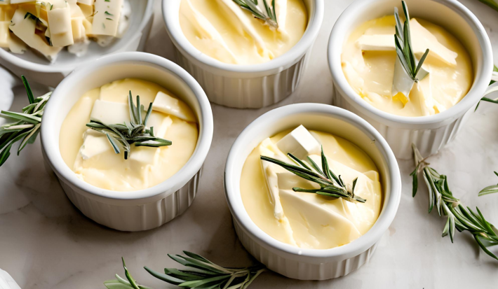 Fotografia mostra recipientes brancos com um creme amarelo e cremoso, coberto com quadradinhos de queijo e alecrim fresco. A iluminação suave destaca os detalhes do prato.