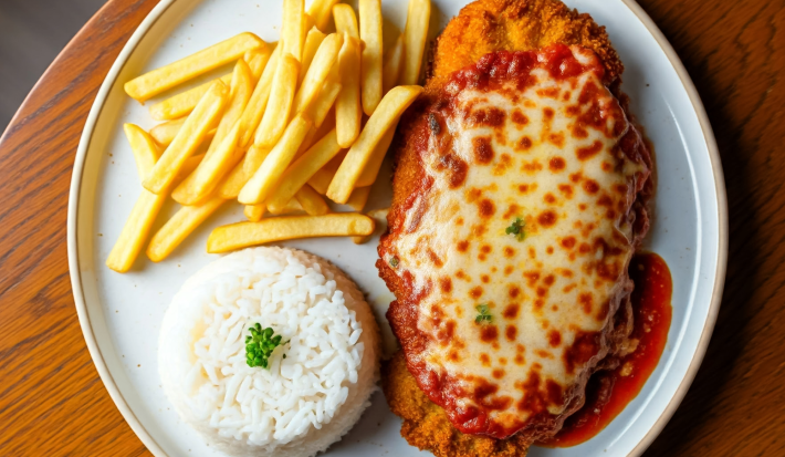 Fotografia mostra um prato dividido entre arroz, frango a parmegiana e batata frita