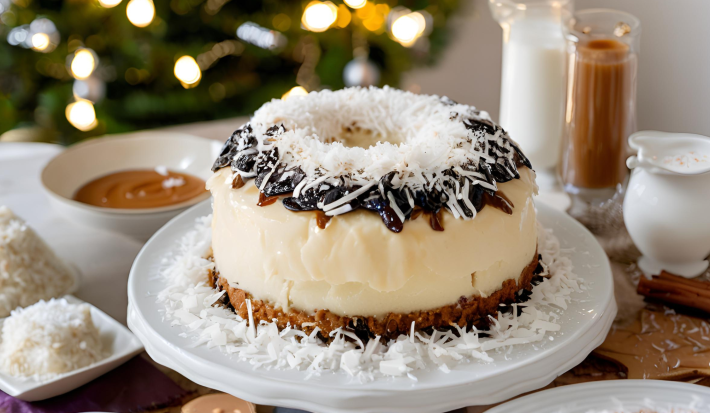 Bolo de Doce de Leite com Ameixa, servido em uma mesa natalina e decorado com ameixa, coco ralado e doce de leite