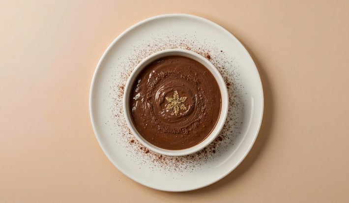 Fotografia vista de cima de um recipiente de vidro branco fundo médio com a sobremesa, finalizada com a ganache de chocolate, sobre um prato raso de vidro, com cacau em pó salpicado. O prato está sobre uma mesa de tom pastel.