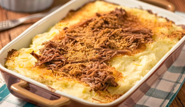 Refratário com fricassê dourado e gratinado por cima, com queijo derretido e batata palha, mostrando o recheio cremoso de carne desfiada no interior. Refratário com fricassê dourado e gratinado por cima, com queijo derretido e batata palha, mostrando o recheio cremoso de carne desfiada no interior.