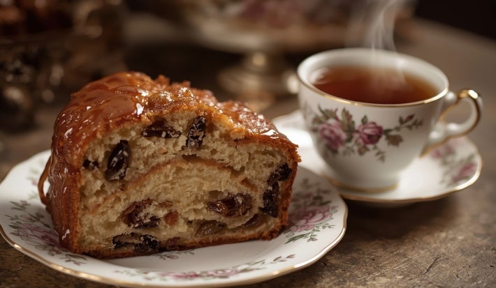 Fotografia de uma fatia de bolo inglês com uvas-passas ao lado de uma xícara de chá, em um prato de porcelana floral, evocando um ambiente acolhedor e convidativo.