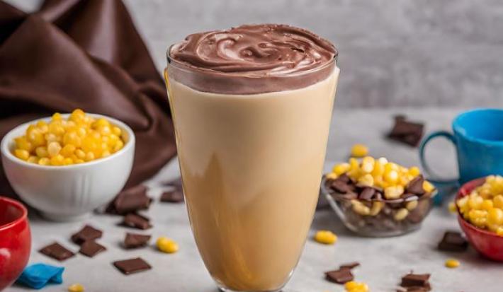 Fotografia de um copo alto com um creme amarelo, com uma cobertura de chocolate.